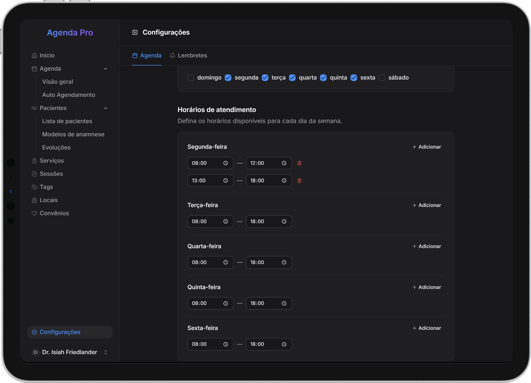 Defina seus horários de trabalho